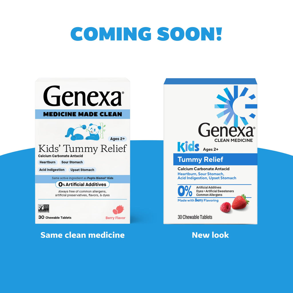 Genexa Kids' Clean Tummy Relief | Heartburn, Acid Indigestion & Sour Stomach Relief | Children's Calcium Carbonate | Dye Free, 0% Artificial Additives | Ages 2-11, Berry Flavor Chewable Tablets, 30ct