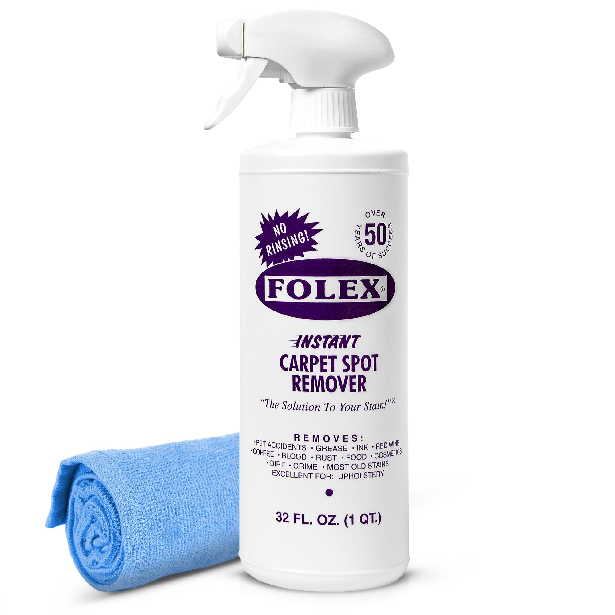 FOLEX Instant Carpet Spot Remover 32 oz – Powerful Stain Remover for Carpets, Upholstery & Rugs – Eliminates Pet Stains, Grease, Red Wine, Food, Makeup & More – With Reusable Cleaning Cloth - 1 Pack