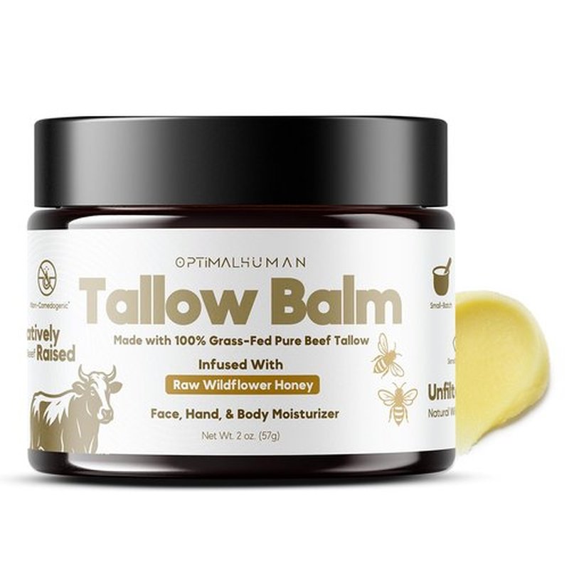 O H Optimal Human Raw Wildflower Honey Balm (2 Oz) – 100% Grass-Fed Beef Tallow Balm - Body and Face Tallow Moisturizer - Non-Comedogenic, Ultra-Clean Formula For Moisture and Hydration