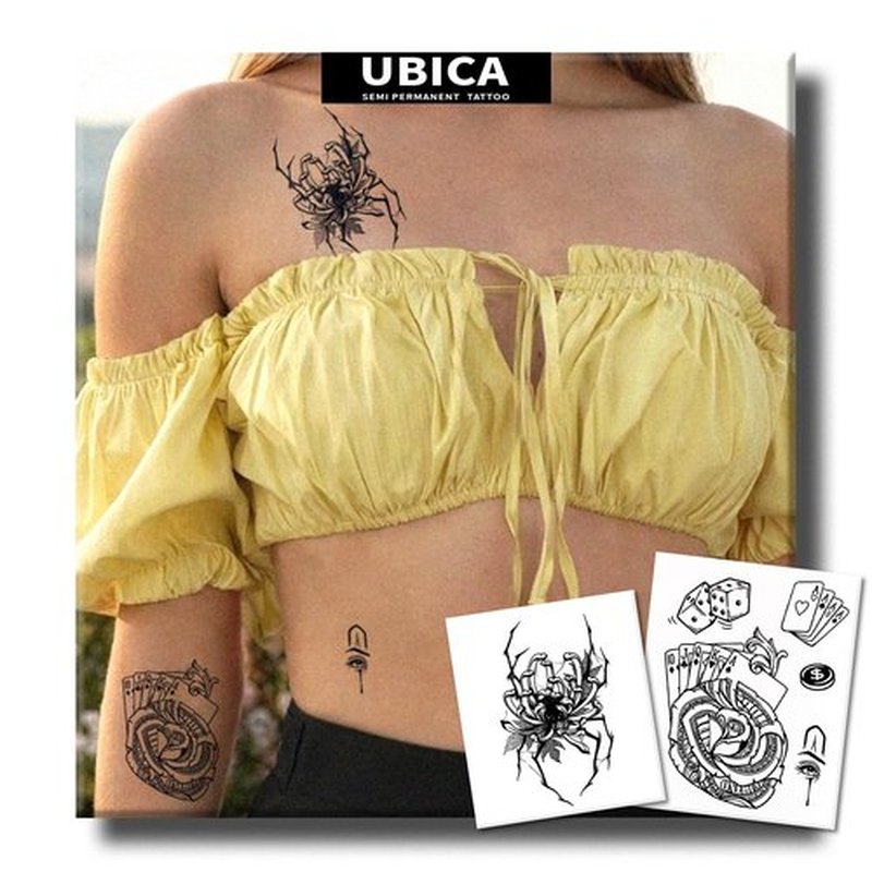 UBICA Semi Permanent Tattoos, 2 Sheets Realistic Temporary Tattoos for Women, Fake Tattoos for Wrist Hand, Waterproof No Reflective, Lasts 2 Weeks (Chicano Lucky Charm & Dark Spider Flower)