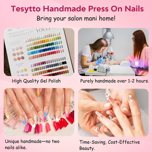 Tesytto Valentine's Day Press on Nails with Red Heart - Medium Almond Fake Nails Full Cover Glossy, Classic White Edge Design French Tip Handmade False Nails(Creamy Heart French,S)