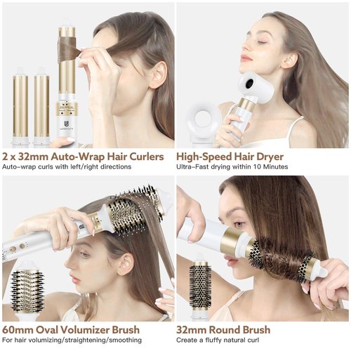 Hair Dryer Hot Air Styler: High-Speed Blow Dryers with Negative Ionic for Fast Drying Frizz Control, Extra Long Barrel 1 1/4 Inch Curling Iron Airflow Auto Wrap Curler for Quick Styling (White)