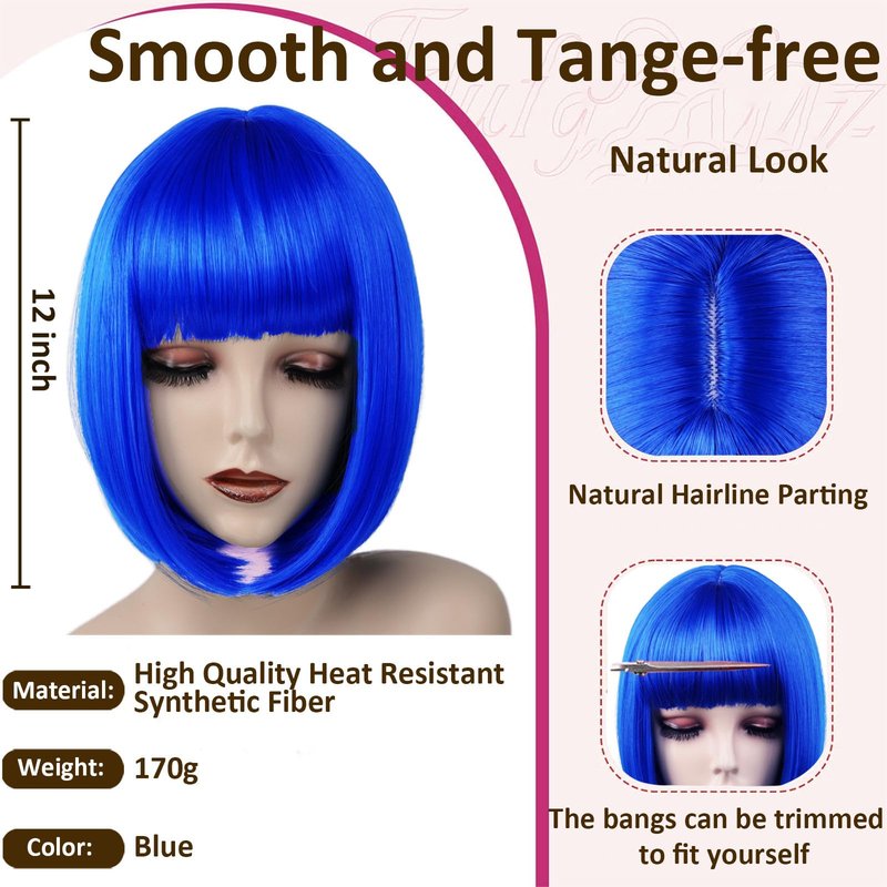 VCAY Bob Wig, 12 Inch Short Blue Bob Wig with Bangs,Straight Cosplay Wig,Heat Resistant,Adjustable Straps Wigs for Women Girl with Wig Cap