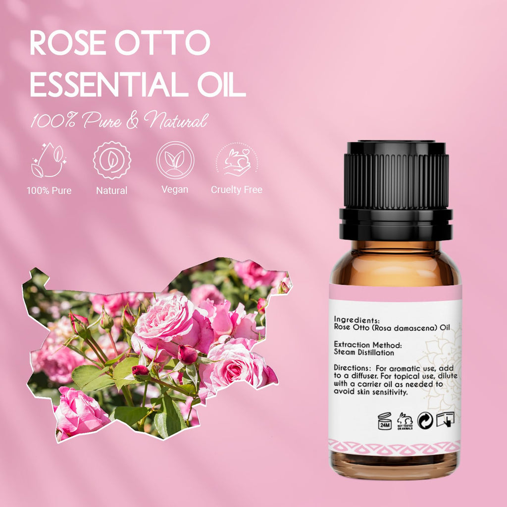 LOTUSJOY 100% Pure Rose Otto Essential Oil 0.34 fl oz, Natural Rose Otto Oil in Amber Glass Bottle with Dropper for Diffuser Massage Skin Care