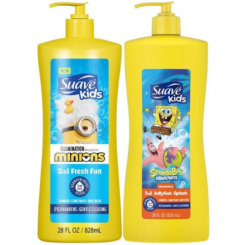 Suave Kids 3-in-1 Variety 2-Pack –Minions Fresh Fun + Spongebob Square Pants Jelly Fish Splash Tear-Free Shampoo, Conditioner & Body Wash, 28 Oz Each