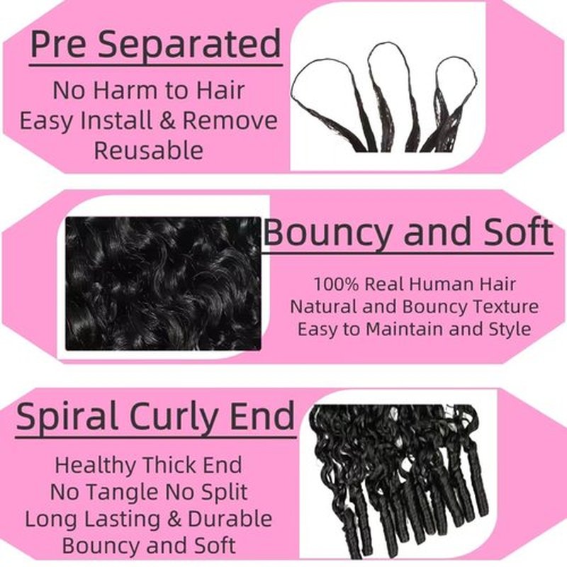 100% Human Hair Knotless Pre-Separated Water Wave Curly Feather Crochet Hair Extensions Spirally Curly Classic Lightweight Reusable Crochet Hair Extensions 16inch 100strands 120g