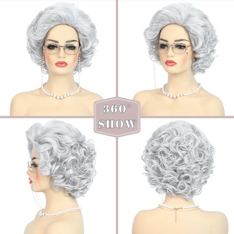 Bettecos Old Lady Wig Costume Set for Women Short Curly Grandma Wig and Glasses Silver White Granny Wigs for Old Woman Cosplay Halloween Party (Silver White/Old Lady)