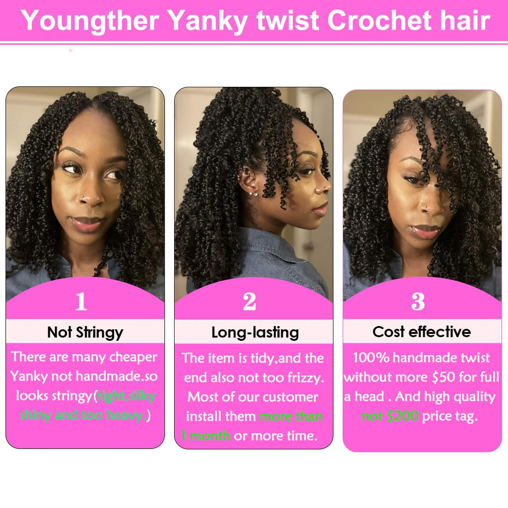 Youngther Yanky twist crochet hair 12 Inch 6Pack(40stands/Pack) Natural Black Pre-Twisted Fluffy Yankee Twist curly crochet hair for black women hair (1B)