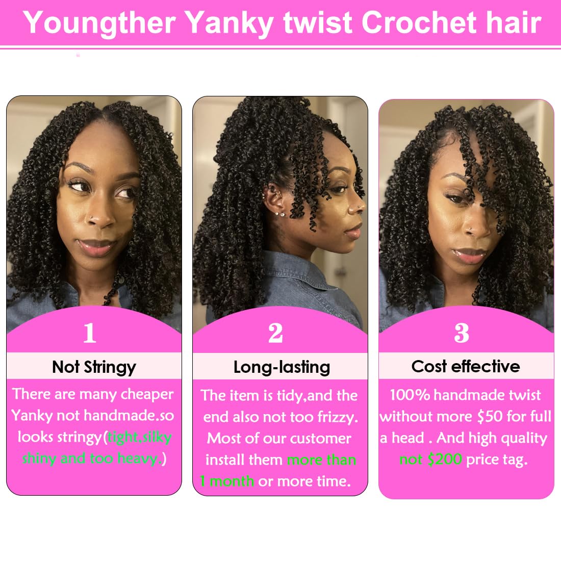 Youngther Yanky twist crochet hair 12 Inch 6Pack(40stands/Pack) Natural Black Pre-Twisted Fluffy Yankee Twist curly crochet hair for black women hair (1B)