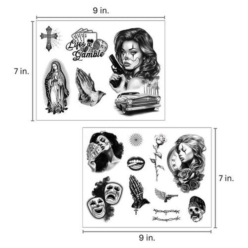 Los Vatos Chicano Vol. I - Cholo and Chola Temporary Tattoos For Men Women, Payasa, Lowrider, Virgin Mary, Prayer, Cross, Chicana, Gangster, Fake Tattoo, Día de Muertos, Tatuajes Temporales