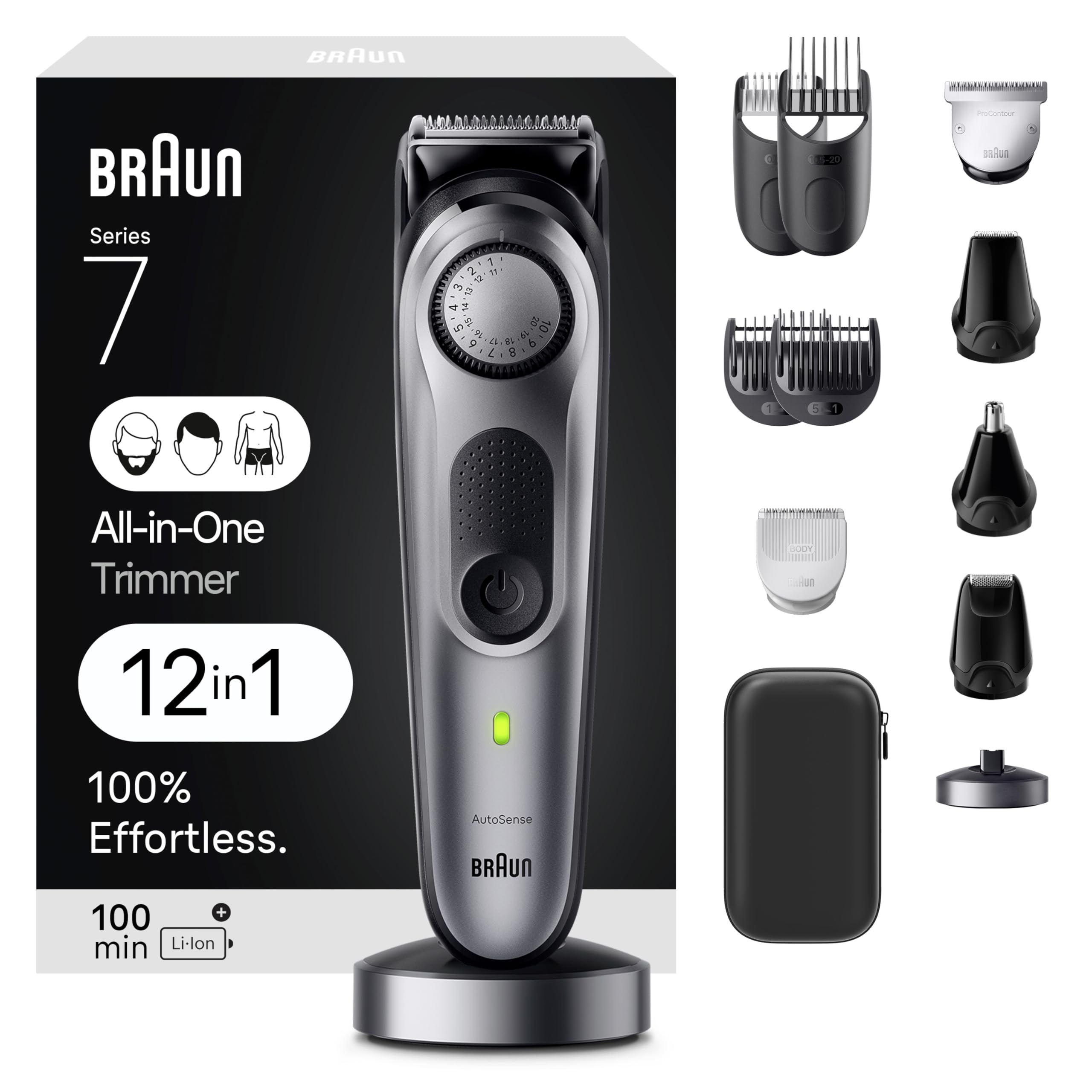 Braun All-in-One Men's Shaving Kit Series 7 7440, 12-in-1 Beard, Face, Nose, Ear Trimmer, Hair Clippers, Body Groomer and Manscaping + Travel Case + Charging Stand
