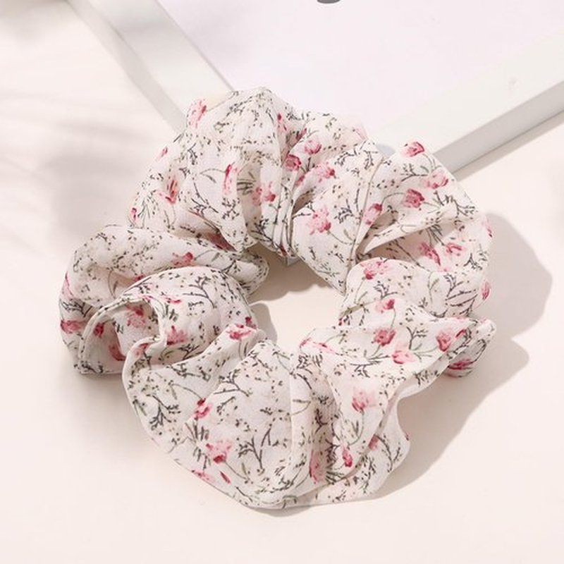 6 Pcs Hair Scrunchies, Hair Elastics Bands Floral Hair Scrunchie, Elastic Rubber Bands Chiffon Hair Scrunchies for Thick Curly Hair Flower Hair Ties Hair for Women Girls (white floral X6)