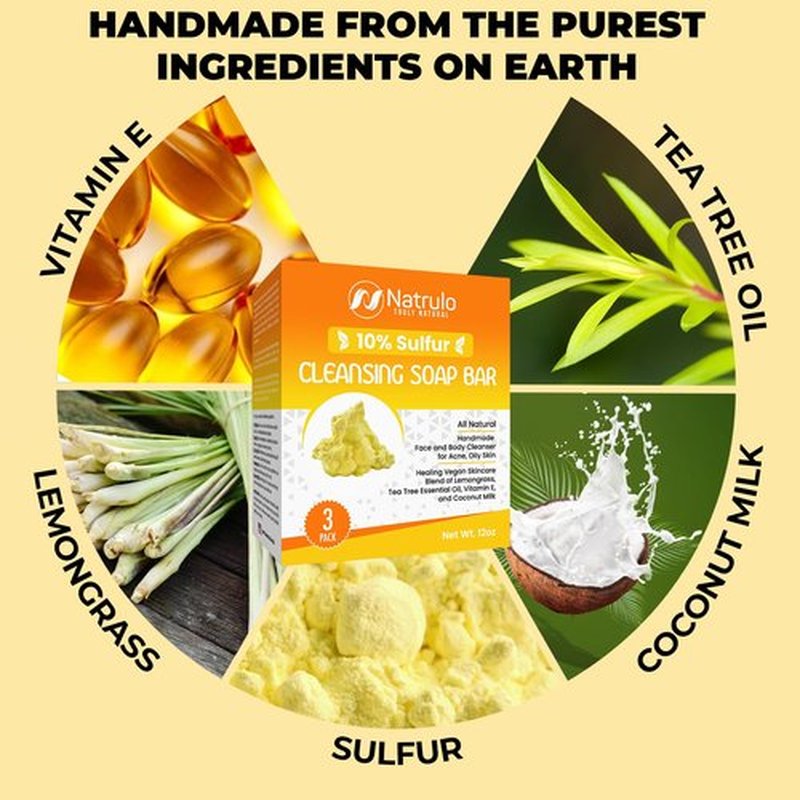 10% Sulfur Soap Cleansing Bar for Face & Body – All Natural Sulfur Facial Cleanser for Acne, Oily Skin – Skincare Blend of Lemongrass, Tea Tree Essential Oil, Vitamin E, Coconut Milk – Sulfur Soap Bar