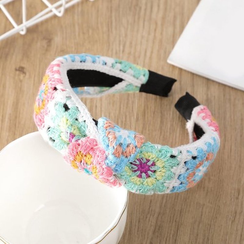 LIANXUE Floral Knitted Headband for Women Stretch Turban Floral Crocheted Granny-Square Ethnic Style Tie Head Wrap Headband