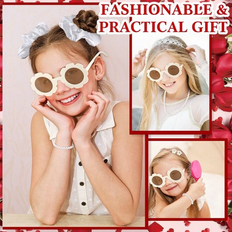 16 Pcs Flower Girl Proposal Box Kit Gifts Round Glasses Necklace Pearl Bracelet Diamond Pen Hair Scrunchies Rose Will You Be My Flower Girl for Wedding(Milky White)