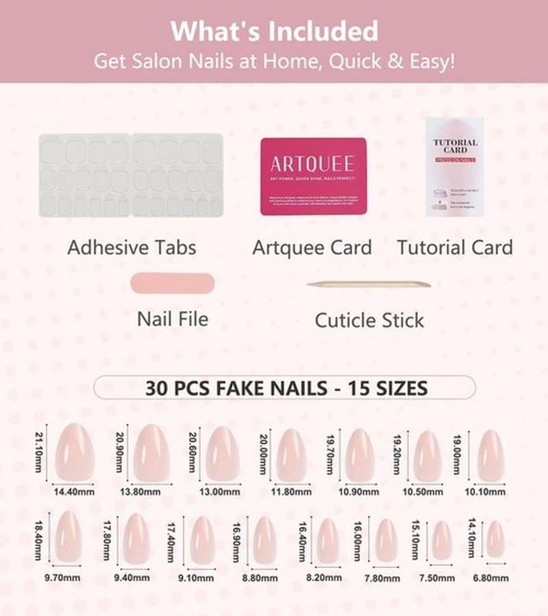 Artquee Press on Nails Short Soft Pink Almond False Tips Glossy Reusable Fake Stick on Nails Kit for Women - 30 Pcs 15 Sizes