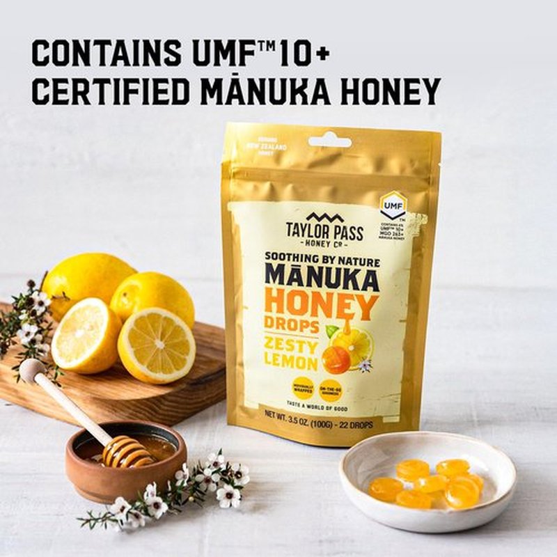 Taylor Pass Honey Co Mānuka Honey Drops UMF™ 10+ - Zesty Lemon Lozenges | Soothing On-The-Go Relief | 22 Wrapped Drops