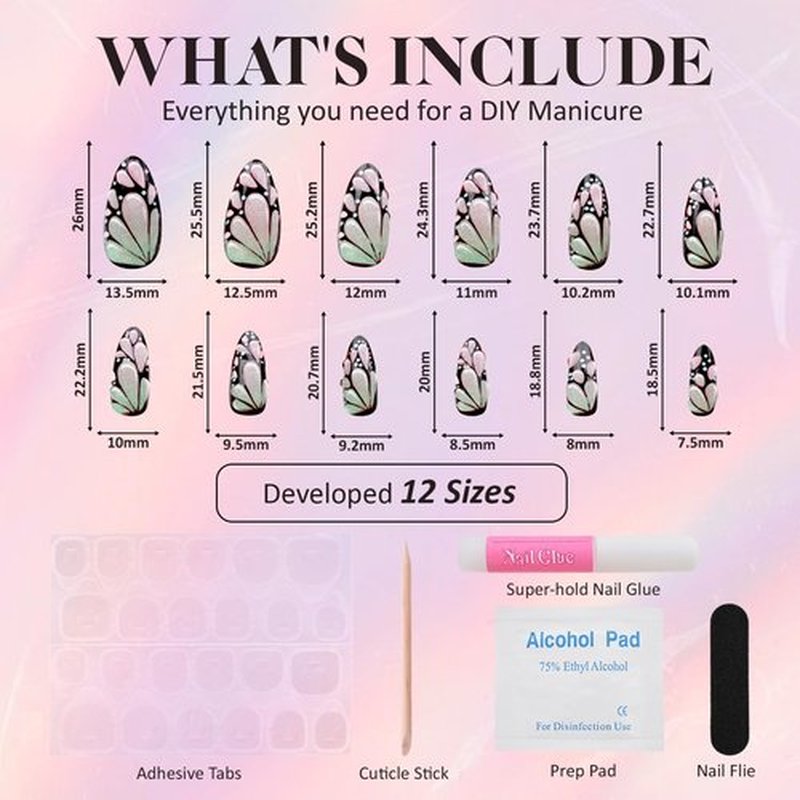 Almond Press On Nails, 3D Butterfly Designs Medium Fake Nails with Nail Glue, Reusable Soft Gel Stick On Nails for Women Girls Gift, 24PC Elegant Glue On Nails Kit