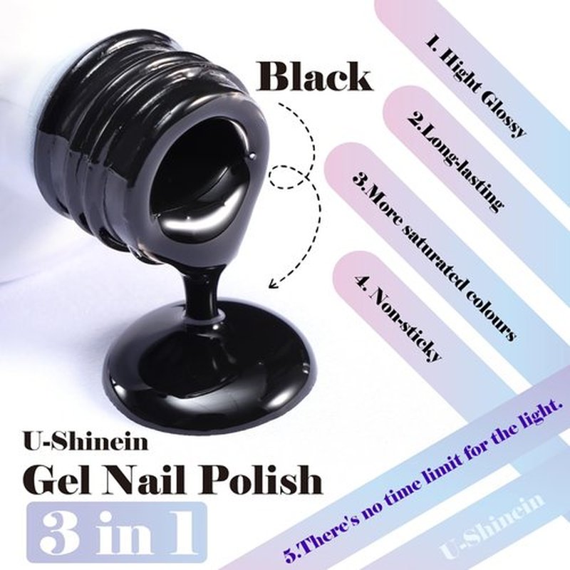 U-Shinein Functional Nail Polish Gel, Nail Chrome Powder Gel Top Coat Base Gel One Step Color Gel Soak Off LED UV Nail Gel Non-fogging Long-lasting Fast-drying Evening High Gloss Home DIY Black