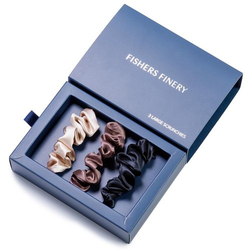 Fishers Finery 25 Momme Pure Mulberry Silk Large Scrunchies - Hair Tie Set, Gentle and Prevents Breakage (Taupe|Chocolate|Black- 3 PK)
