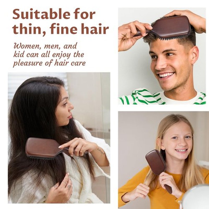 BRUSHZOO Boar Bristle Hair Brush for Women Men, Paddle Hair Brush for Fine Thin Normal Hair, Reduce Frizz, Add Shine and Texture