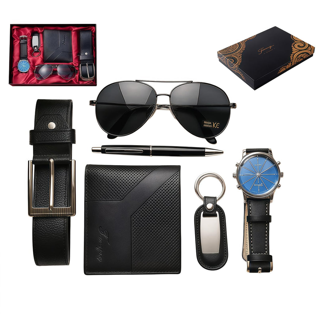 6-Piece Black Men's Set - Sunglasses, Wallet, Watch, Belt, Pen, Key Ring