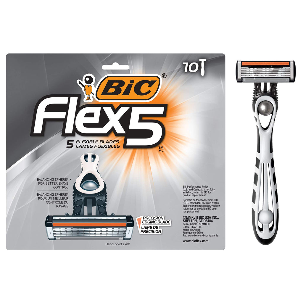 BIC Flex 5 Disposable Razor for Men, Sensitive Skin Razor For a Smooth, Comfortable and Close Shave, 10 Piece Razor Set (Pack of 12)