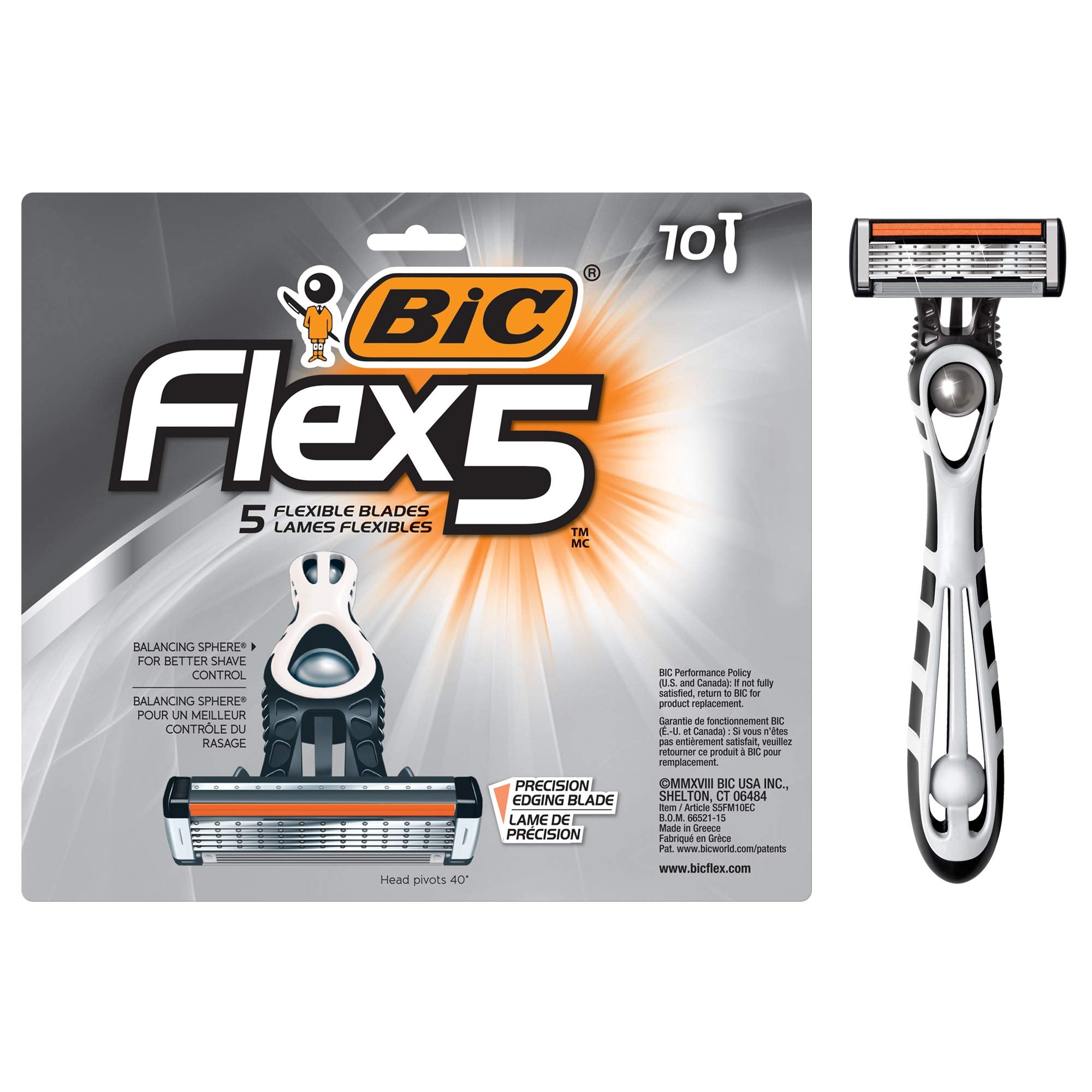 BIC Flex 5 Disposable Razor for Men, Sensitive Skin Razor For a Smooth, Comfortable and Close Shave, 10 Piece Razor Set (Pack of 12)