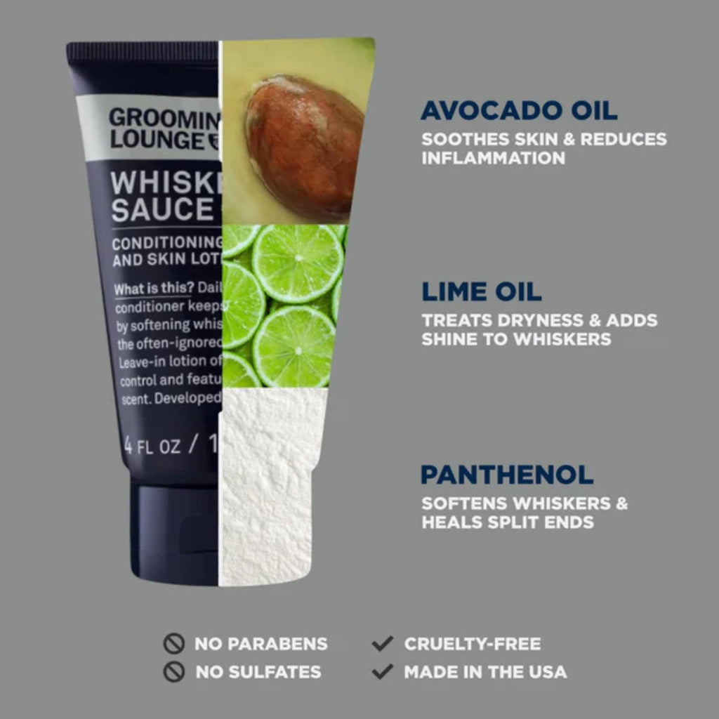 Grooming Lounge Whisker Sauce Beard Conditioner - Conditioning Beard and Skin Lotion - Eliminates Itching and Flaking - Enables Easy Combing and Styling - No Parabens - Cruelty Free - 4 oz