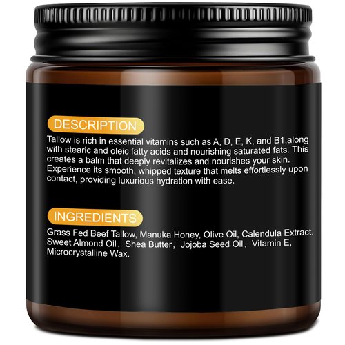 Beef Tallow for Skin, Tallow and Honey Balm, 100% Organic Grass-Fed Beef Tallow Face Moisturizer with Raw Honey & Jojoba Oil, Whipped Tallow Balm for Face Body Deep Nourish Soothe Dry, Sensitive Skin
