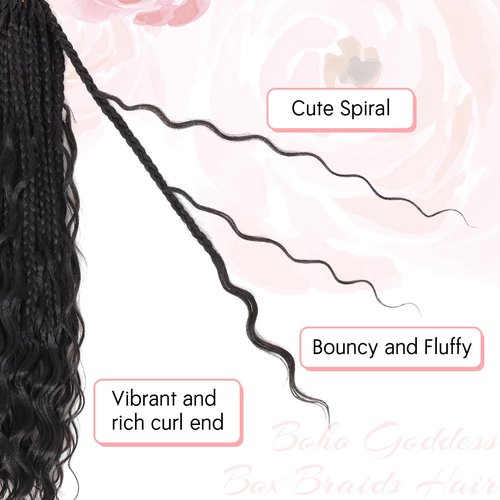 Eeanno Goddess Box Braids Crochet Hair for Black Women 24 Inch 7 Packs Natural Black Boho Hair Pre Looped Crochet Box Braids with Curly Ends, 1B