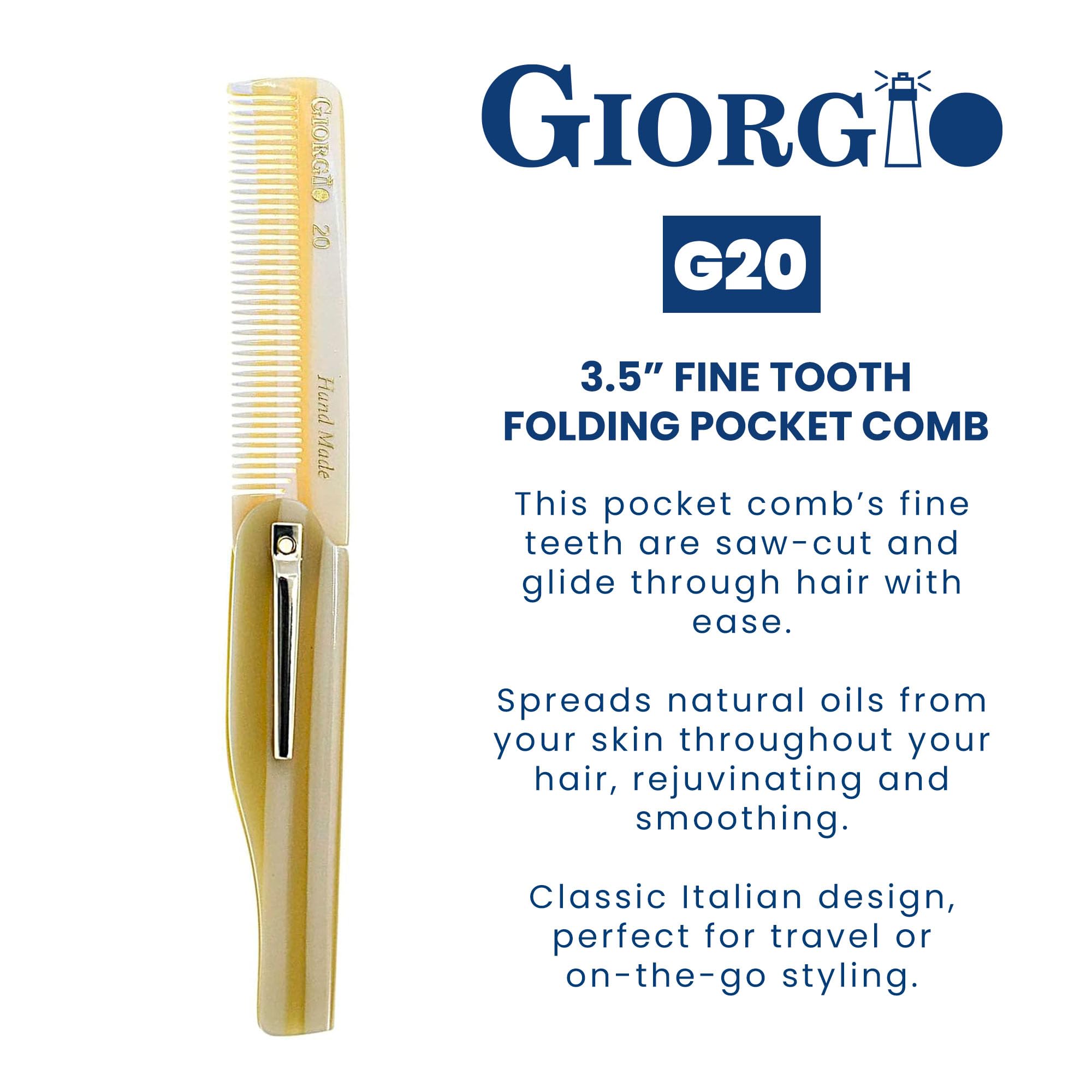 Giorgio G20 IVY Folding Fine Tooth Mustache and Beard Comb 6.5 Inches - Sawcut and Hand Polished Ivory Styling and Travel Comb for Everyday Hair Care