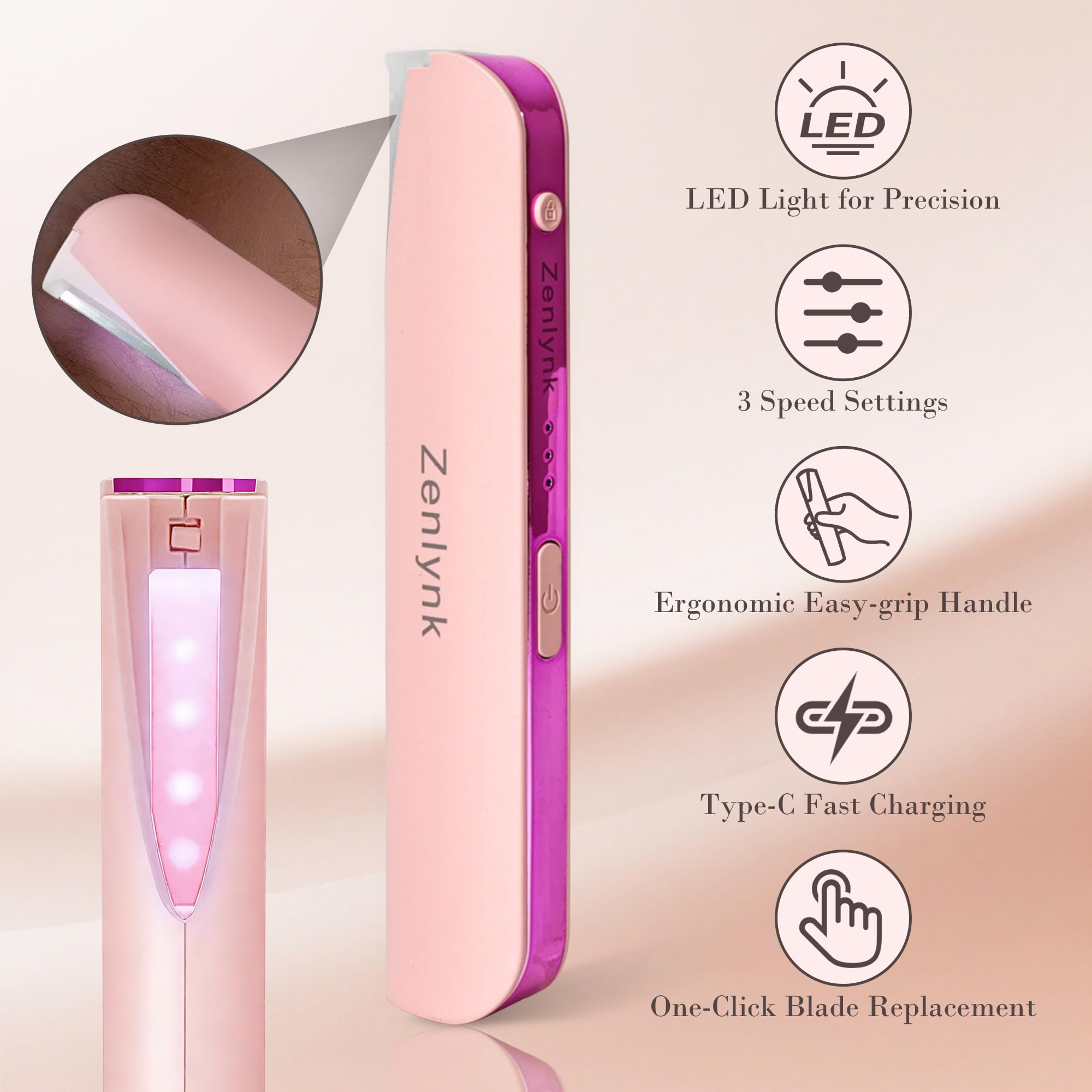 Zenlynk Vibration-Assisted Manual Dermaplane Razor for Women Face, Facial Exfoliator & Peach Fuzz Trimmer with 3 Vibration Modes, LED Light, 5 Replacement Blades & Exfoliating Scrubber, Pink