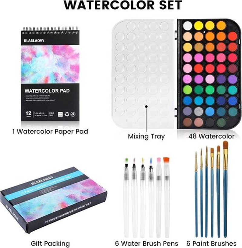 Blablaovy Watercolor Paint Set - 48 Washable Colors with Brushes & Palette | Ideal for Beginners & Kids