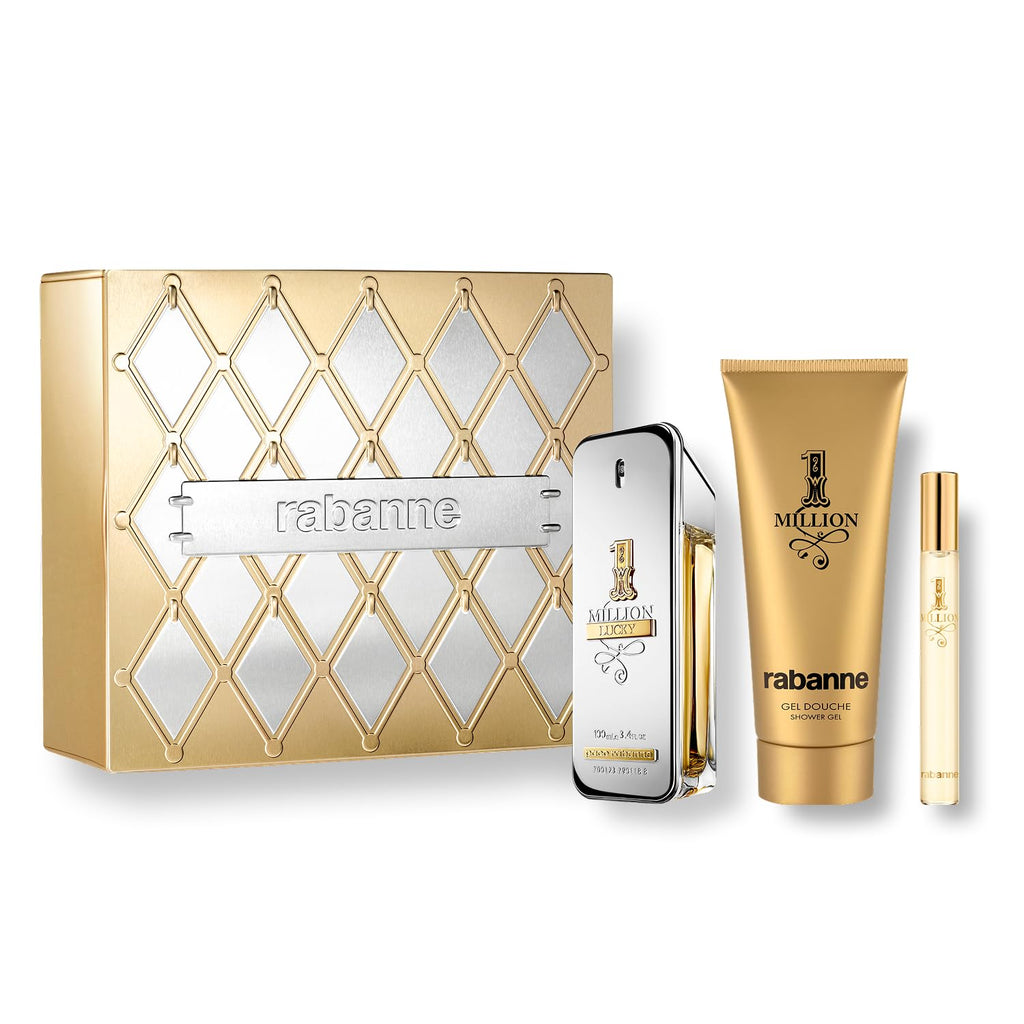 Rabanne 1 Million Lucky Gift Set for Men - Discover Long Lasting Woody Aromatic Eau de Toilette Fragrance + Shower Gel & Travel Cologne Spray - Father's Day, 3 Piece