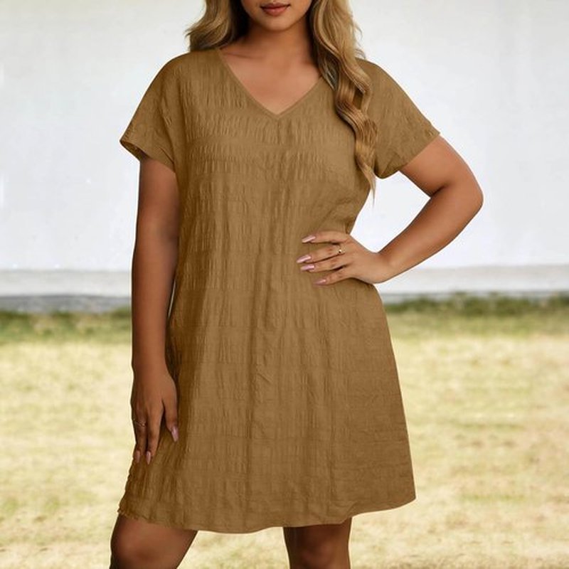 Skiennix Women’s Plus Size Casual V-Neck Short Sleeve Dress - Loose Fashion for Beach Vacations