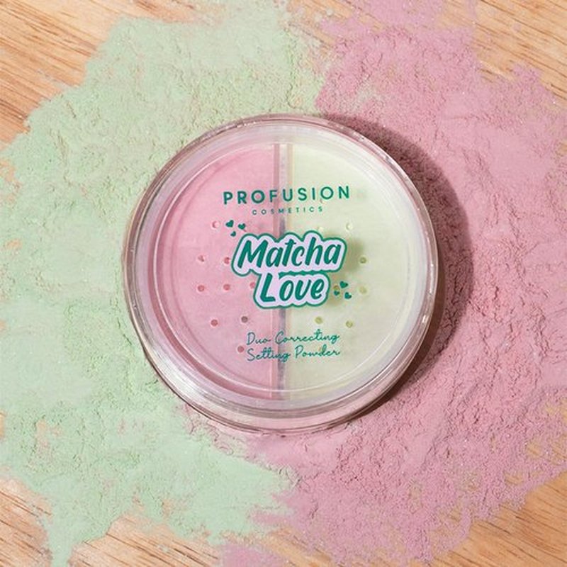 Profusion Cosmetics Matcha Love Duo | Weightless 2-in-1 Correcting Setting Powder & Kabuki Brush - Talc-Free, Revives Dull Skin