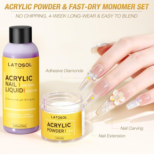 Clear Acrylic Nail Kit - Quick Dry Long Lasting Acrylic Powder & Liquid Set with Kolinsky Brush, Nail Forms for Home DIY & Salon Professional Use