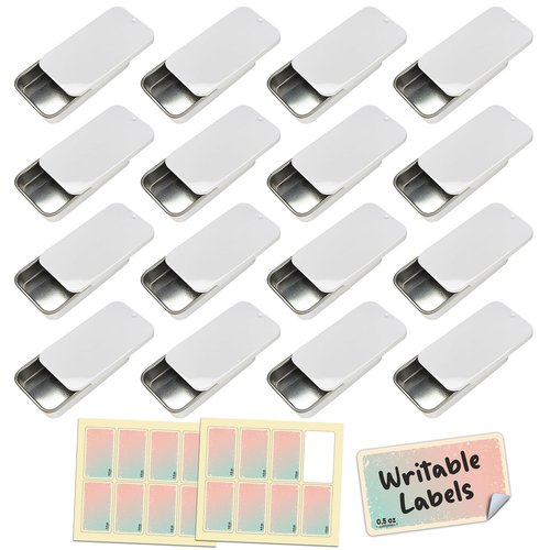 Cubic Ape Slide Top Tin Containers for Lip Balm, Solid Perfume (0.5 oz, 16-Pack, w/Labels) - (Small) Empty Cosmetics Metal Boxes with Sliding Lids (Gloss White)