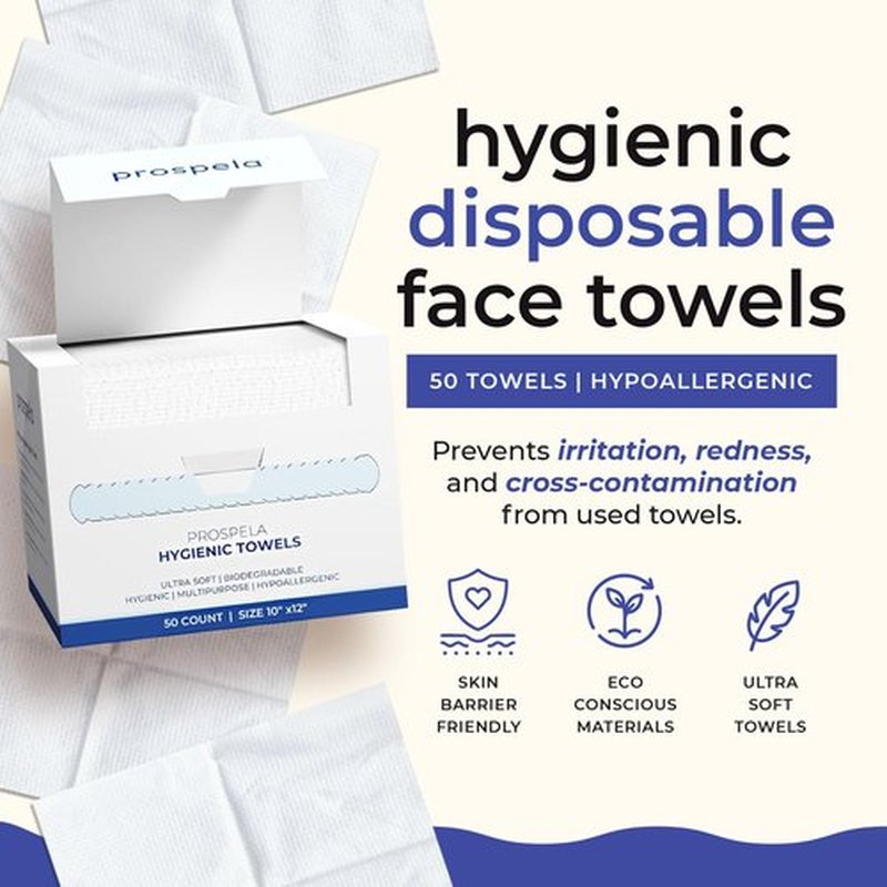 Prospela XL Disposable Face Towels (50 Count) – 100% Clean, Biodegradable Dry Wipes for Sensitive & Acne-Prone Skin – Extra Large & Ultra-Soft for Makeup Removal, Cleansing & Travel