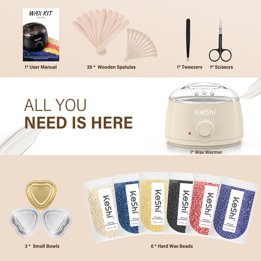 KeShi Waxing Kit, Painless Hair Removal Wax Warmer with 6 Bags Hard WaxBeans for Full Body, Legs, Face, Eyebrows & Bikini— Ideal for Both Women & Men(Cream)