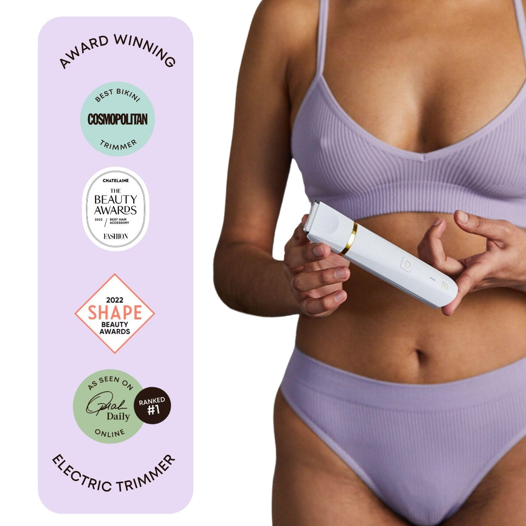 Bushbalm Ingrown Hair Bikini Trimmer Kit – Francesca Trimmer with Nude Scrub & Oil – 3pc Grooming Set for Women, Bikini, Underarms & Legs – Smooth Skin, Razor Bump