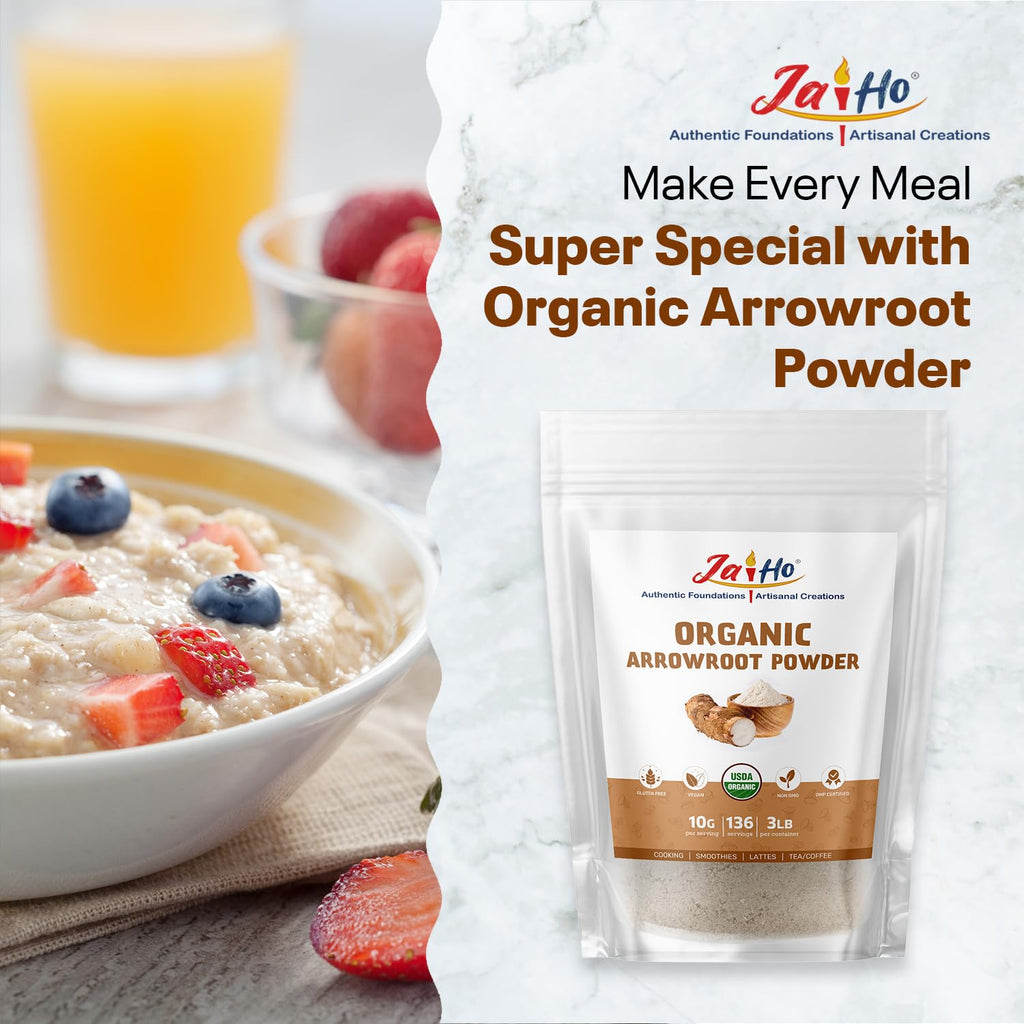 Jai Ho Certified USDA Organic Arrowroot Powder – 3 LB – Gluten-Free, Vegan, Non-GMO – Resealable Zip Lock Pouch