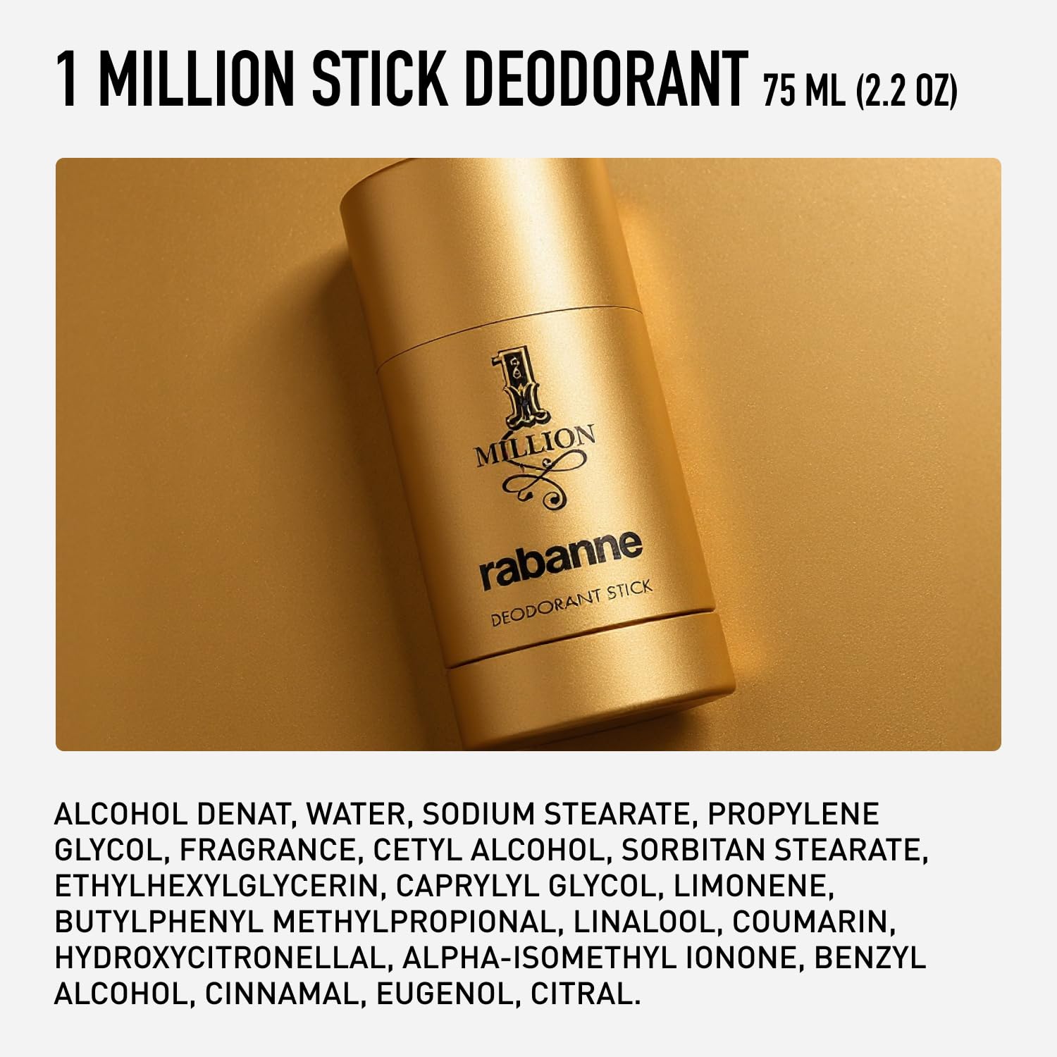 Rabanne 1 Million Deodorant Stick for Men - Luxury Fragrance Solid Deodorant with Fresh Leather, Warm Spice & Sensual Musk, Long-Lasting Freshness & Skin Protection, 2.2 oz