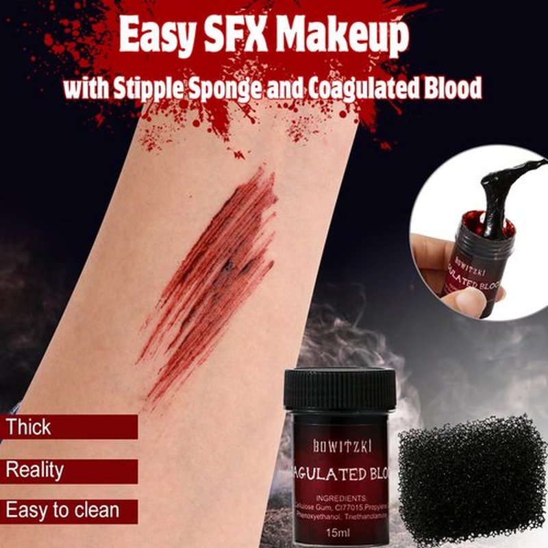 Bowitzki Fake Blood & Liquid Latex Kit,Pro SFX Makeup Set with 50ml Dark Fake Blood, 50ml Fresh Spray Blood, 2pcs Liquid Latex,Coagulated Blood, Sponge & Spatula for Halloween, Cosplay