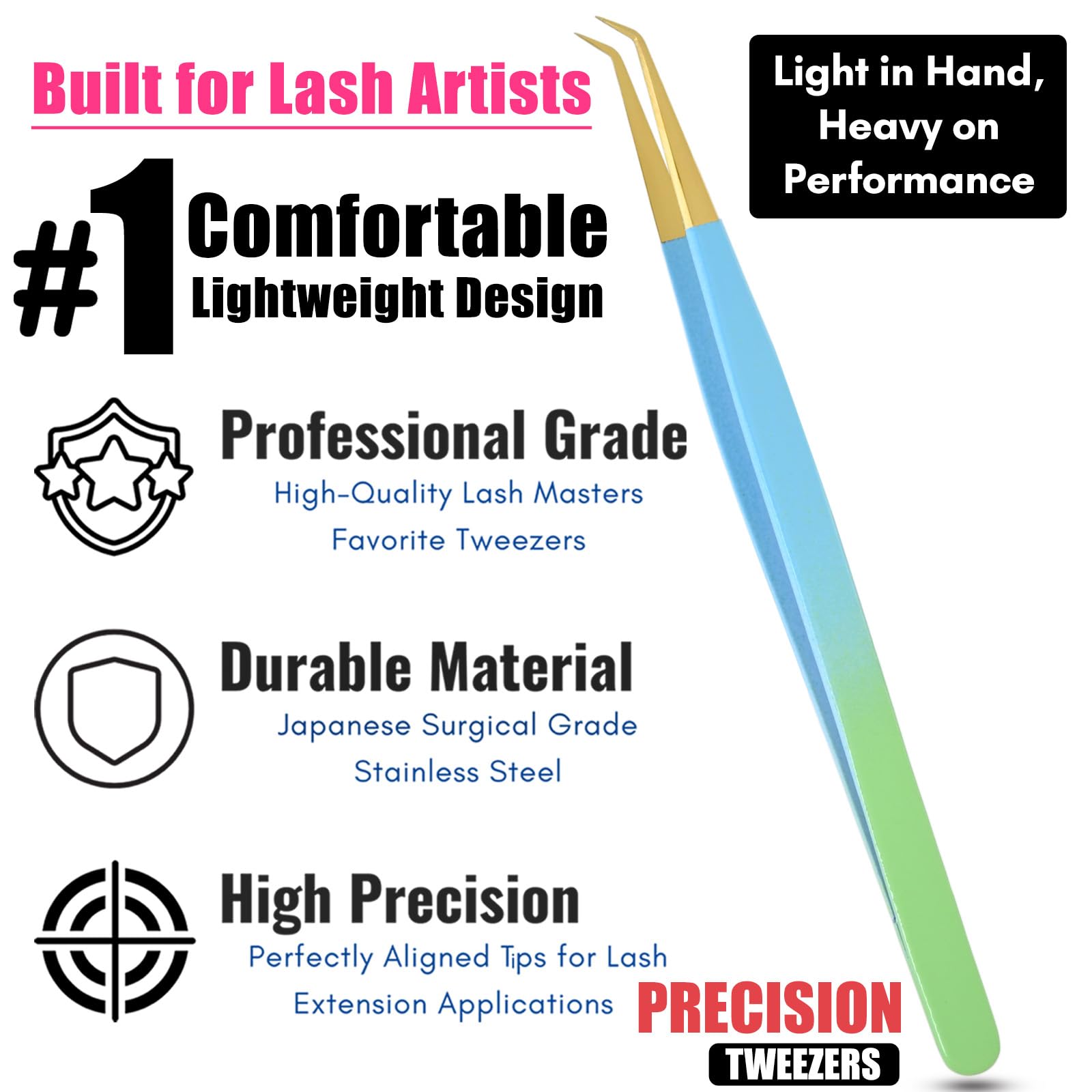Cross Edge Corporation Lash Extension Tweezers 14cm — Curved Isolation Tip for Classic Lashes & Individual Lash Work | Lightweight Stainless Steel | Blue & Green with Gold Tip Finish