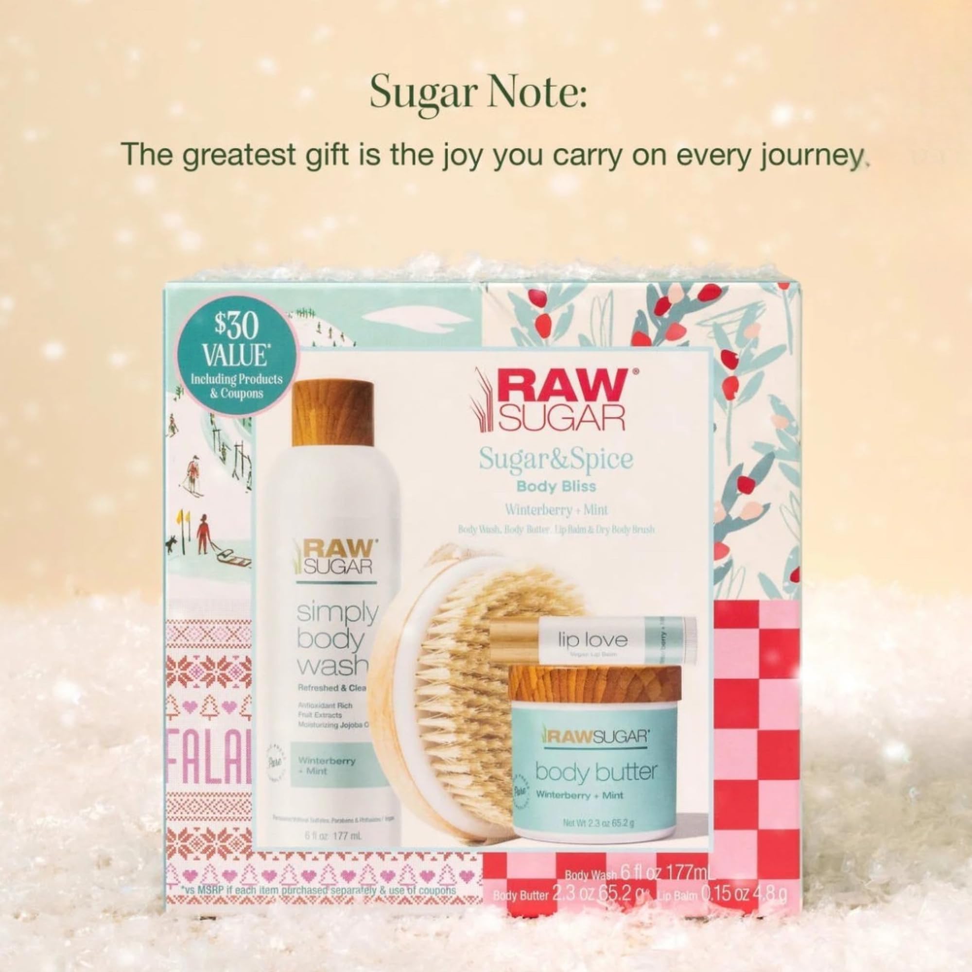 Raw Sugar Body Bliss Gift Set, Winterberry + Mint, Body Wash 6 fl oz, Body Butter 2.3 oz, Lip Balm and Body Brush