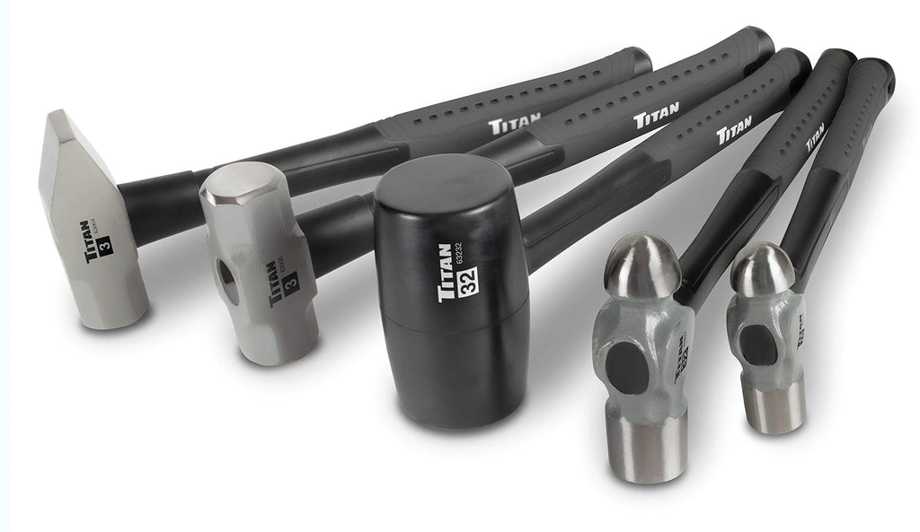 Titan 63125 5-Piece Hammer Set, Includes 16oz & 32oz Ball Pein, 32oz Rubber Mallet, 3lb Sledgehammer, & 3lb Cross Pein, Shock Absorbing Fiberglass Handles with Textured Grips