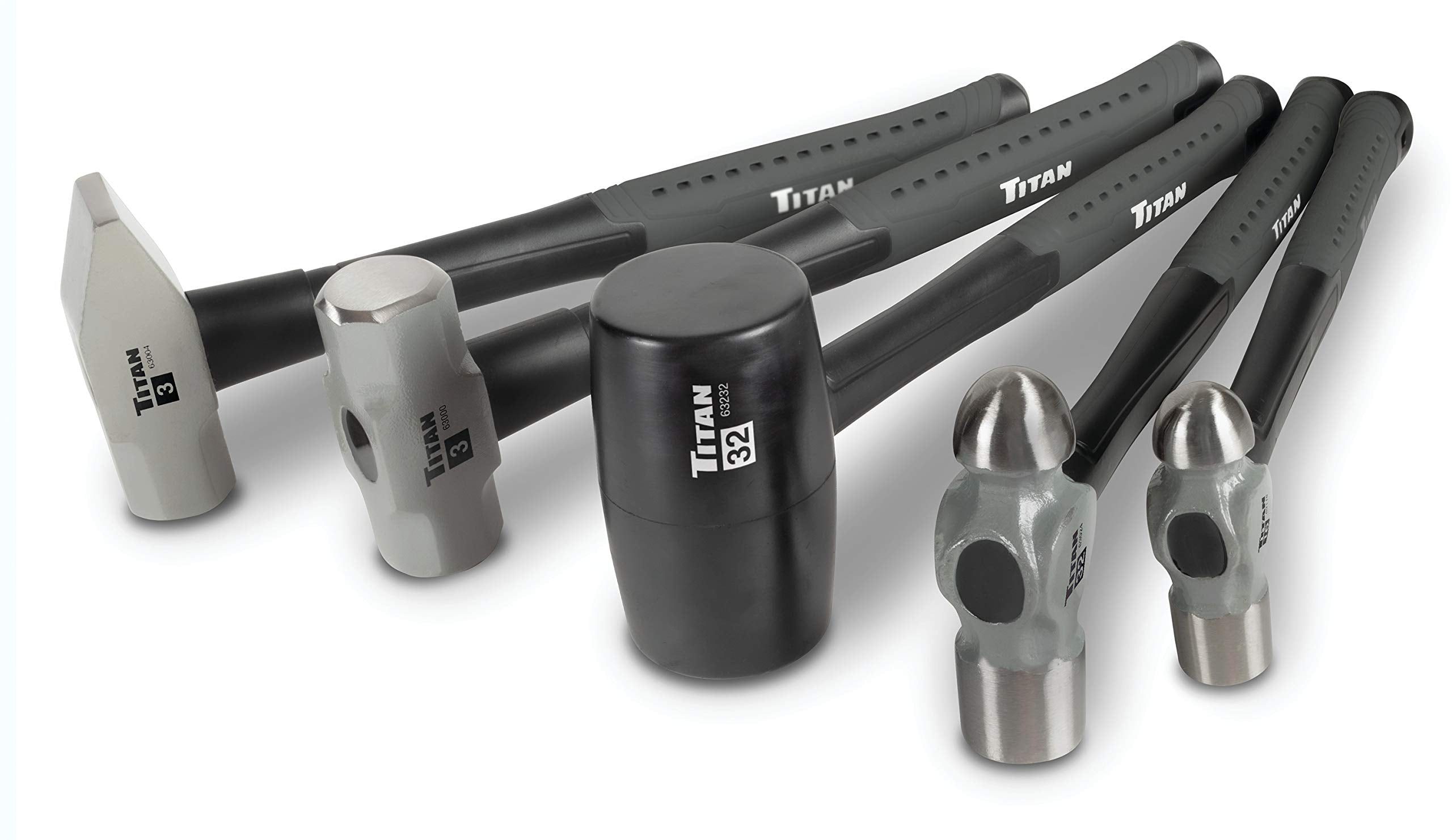 Titan 63125 5-Piece Hammer Set, Includes 16oz & 32oz Ball Pein, 32oz Rubber Mallet, 3lb Sledgehammer, & 3lb Cross Pein, Shock Absorbing Fiberglass Handles with Textured Grips
