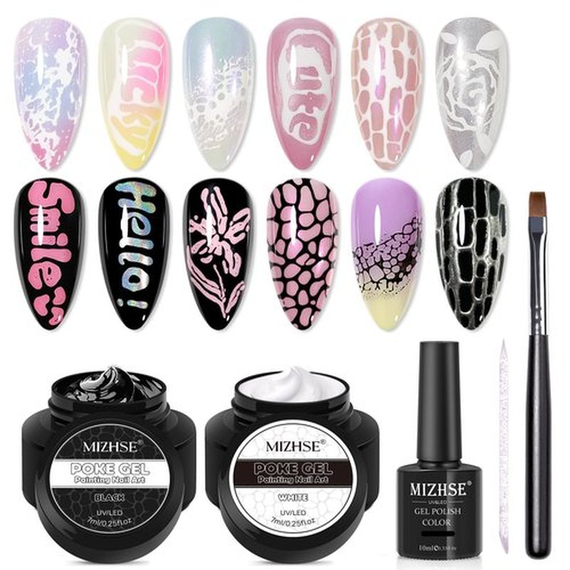 MIZHSE White and Black Poke Gel Nail Polish, with Professional Poke Foundation Gel and Brush Tool, Multifunctional Drawing Painting Nails Art Design Lace Letters Wave Flower Manicure DIY Home
